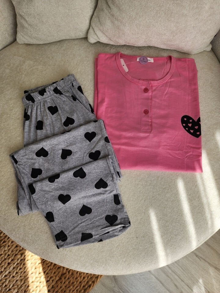 Fushia Heart Penye Büyük Beden Pijama Takımı - Kısa Kollu