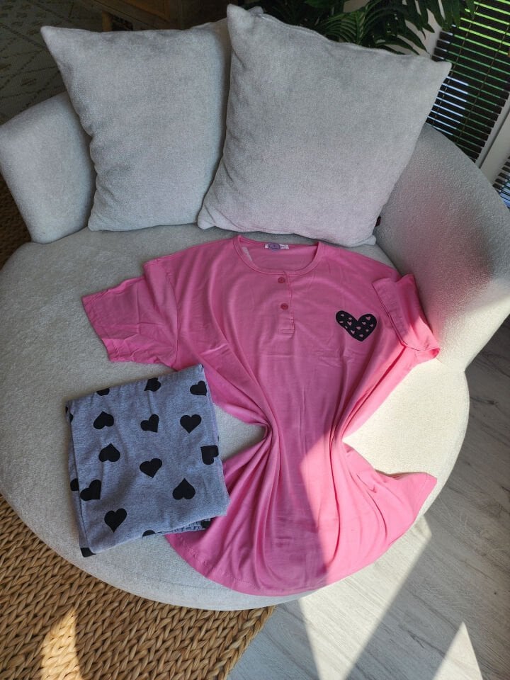 Fushia Heart Penye Büyük Beden Pijama Takımı - Kısa Kollu