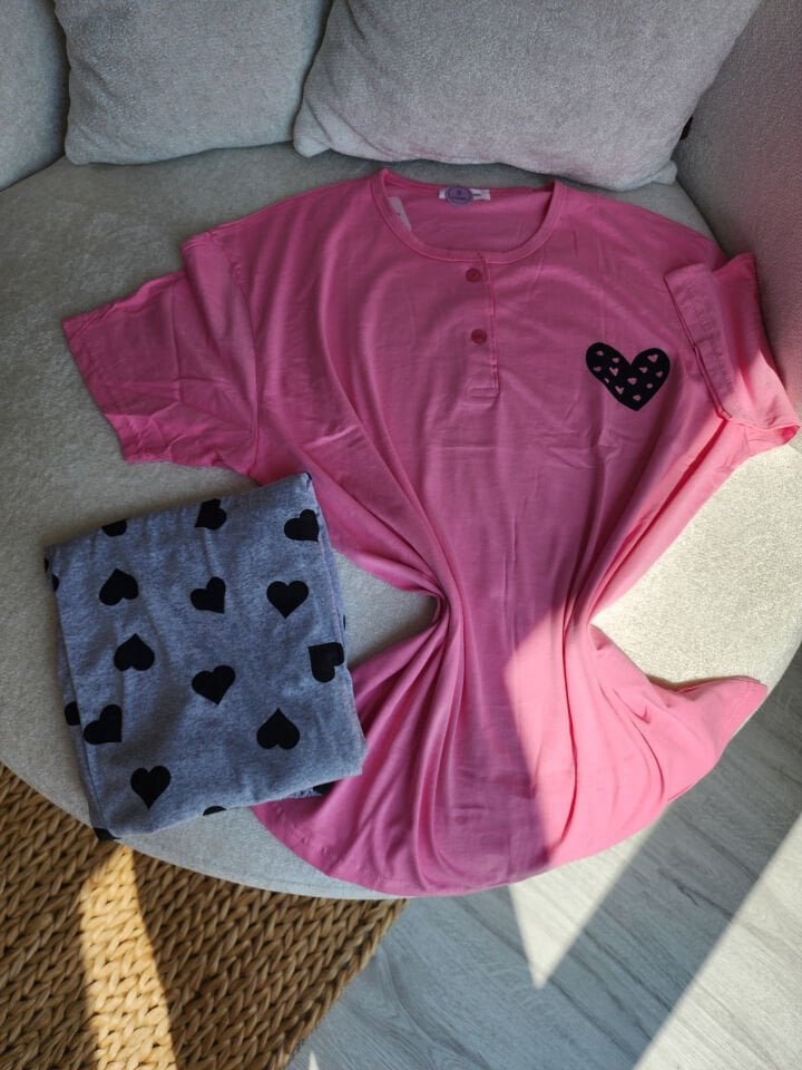 Fushia Heart Penye Büyük Beden Pijama Takımı - Kısa Kollu