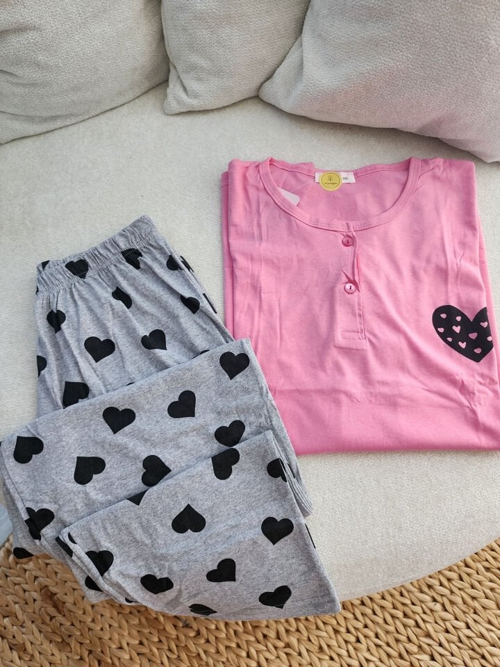 Fushia Heart Penye Büyük Beden Pijama Takımı - Kısa Kollu