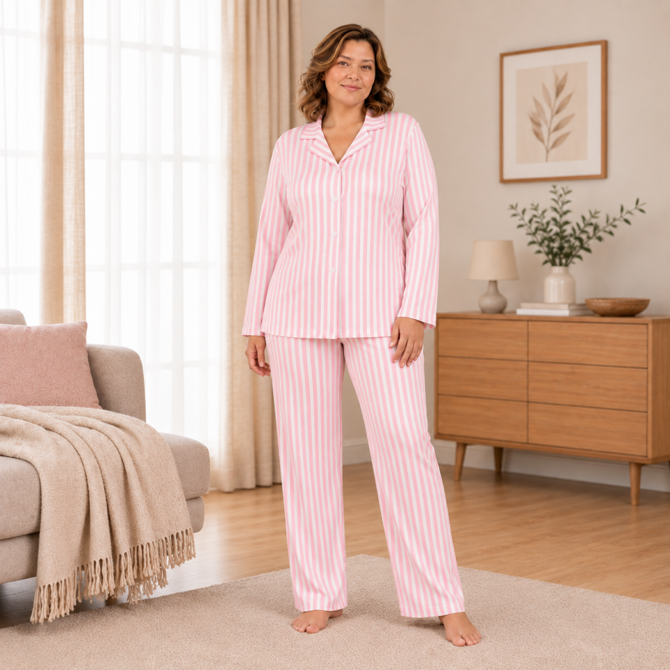Blush Stripe Milan Soft Büyük Beden Pijama Takımı - Uzun Kollu
