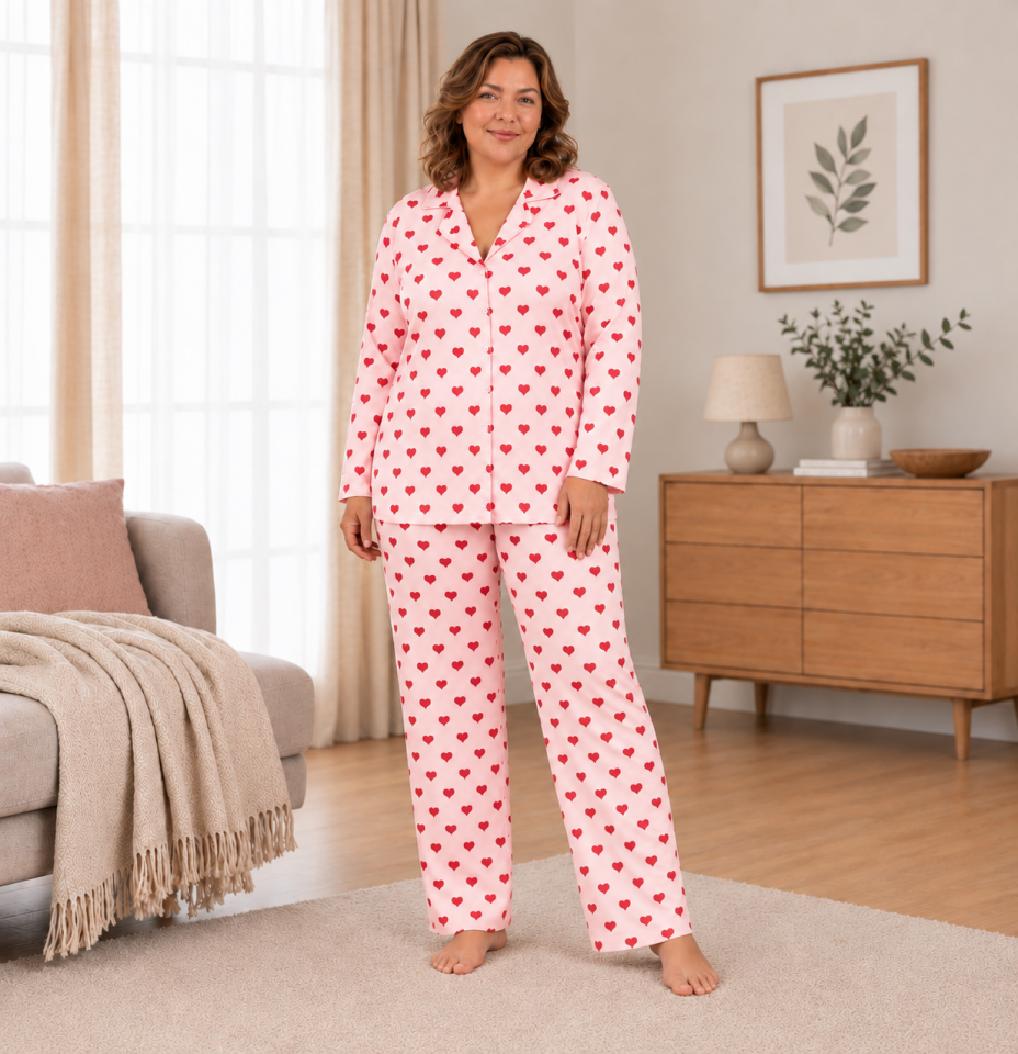 Cherry Heart Milan Soft Büyük Beden Pijama Takımı - Uzun Kollu
