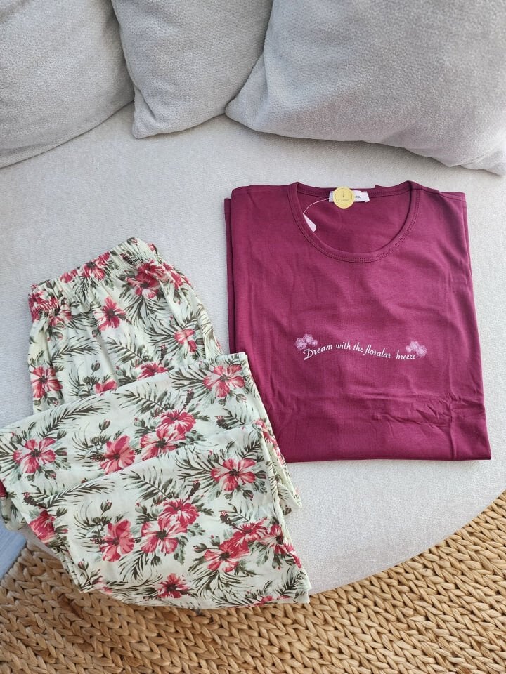 Burgundy Oasis Penye Büyük Beden Pijama Takımı - Kısa Kollu