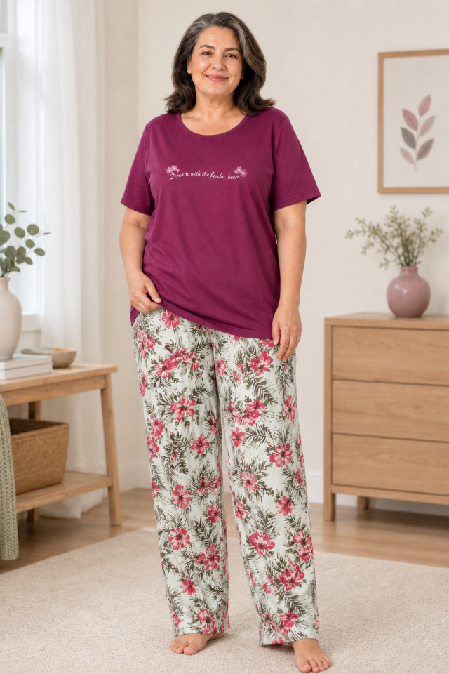 Burgundy Oasis Penye Büyük Beden Pijama Takımı - Kısa Kollu