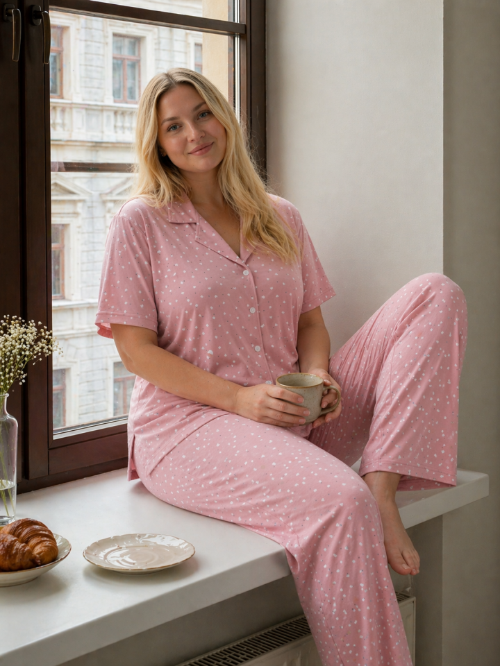 Soft Ditsy Milan Büyük Beden Pijama Takımı - Kısa Kollu