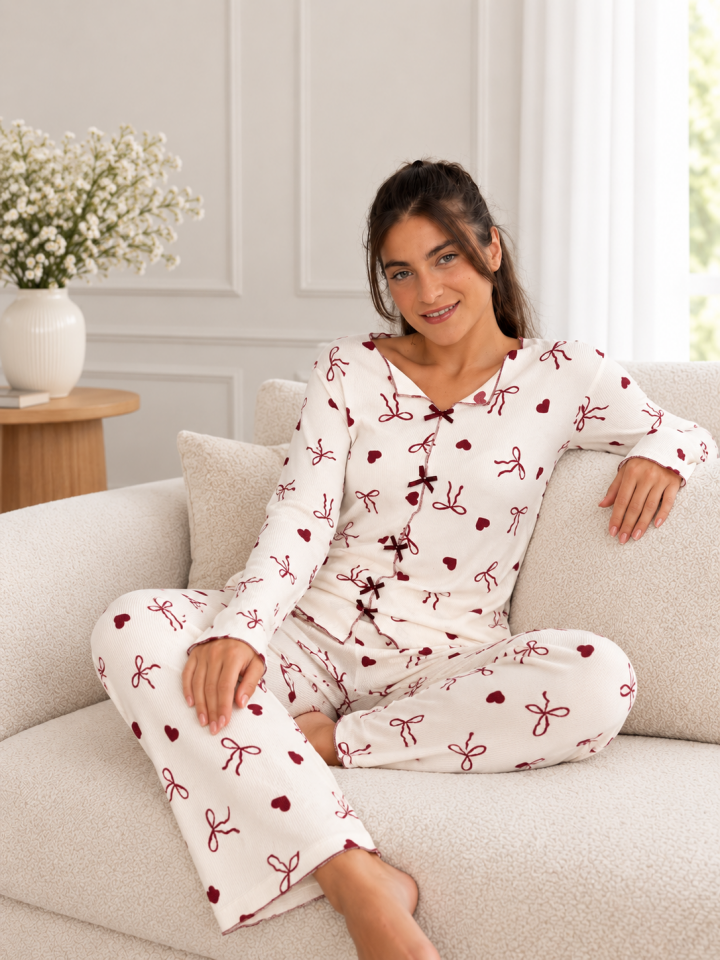Burgundy Bow Waffle Kadın Pijama Takımı – Uzun Kollu