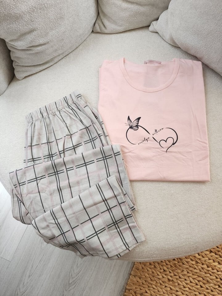 Forever Love Penye Büyük Beden Pijama Takımı - Kısa Kollu