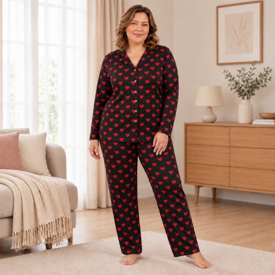 Black Sweet Heart Soft Touch Büyük Beden Pijama Takımı - Uzun Kollu