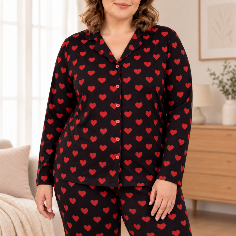 Black Sweet Heart Soft Touch Büyük Beden Pijama Takımı - Uzun Kollu