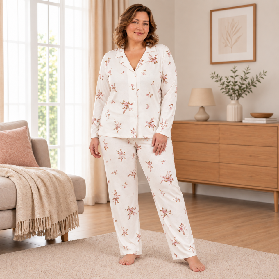 Ecru Vintage Flowers Soft Touch Büyük Beden Pijama Takımı - Uzun Kollu