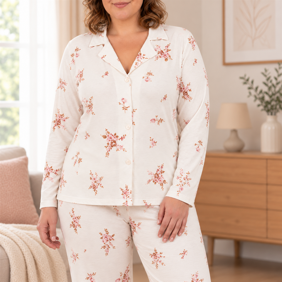 Ecru Vintage Flowers Soft Touch Büyük Beden Pijama Takımı - Uzun Kollu