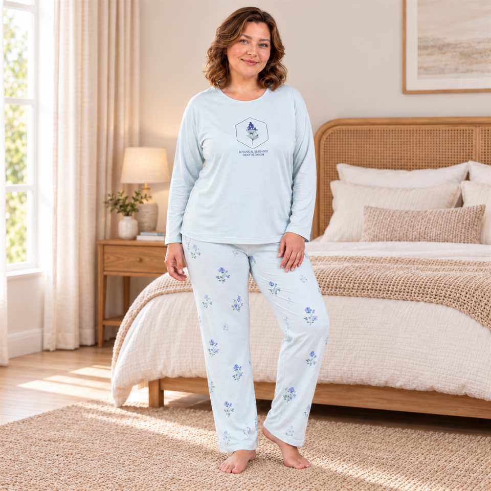 Mint Blossom Soft Touch Büyük Beden Pijama Takımı - Uzun Kollu