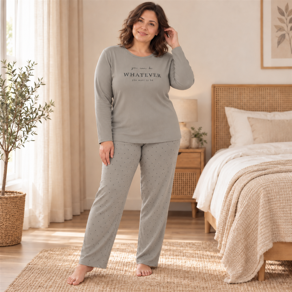 Khaki Whatever Ribana Büyük Beden Pijama Takımı – Uzun Kollu