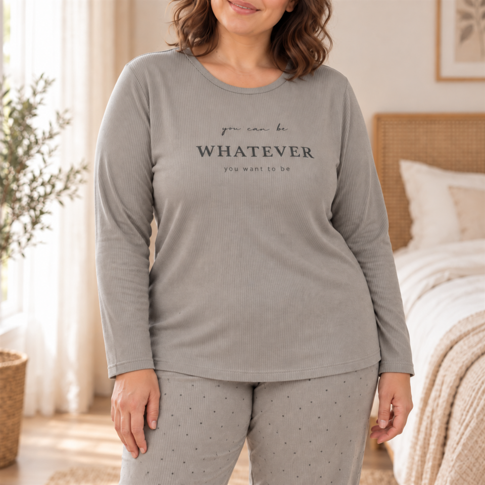 Khaki Whatever Ribana Büyük Beden Pijama Takımı – Uzun Kollu