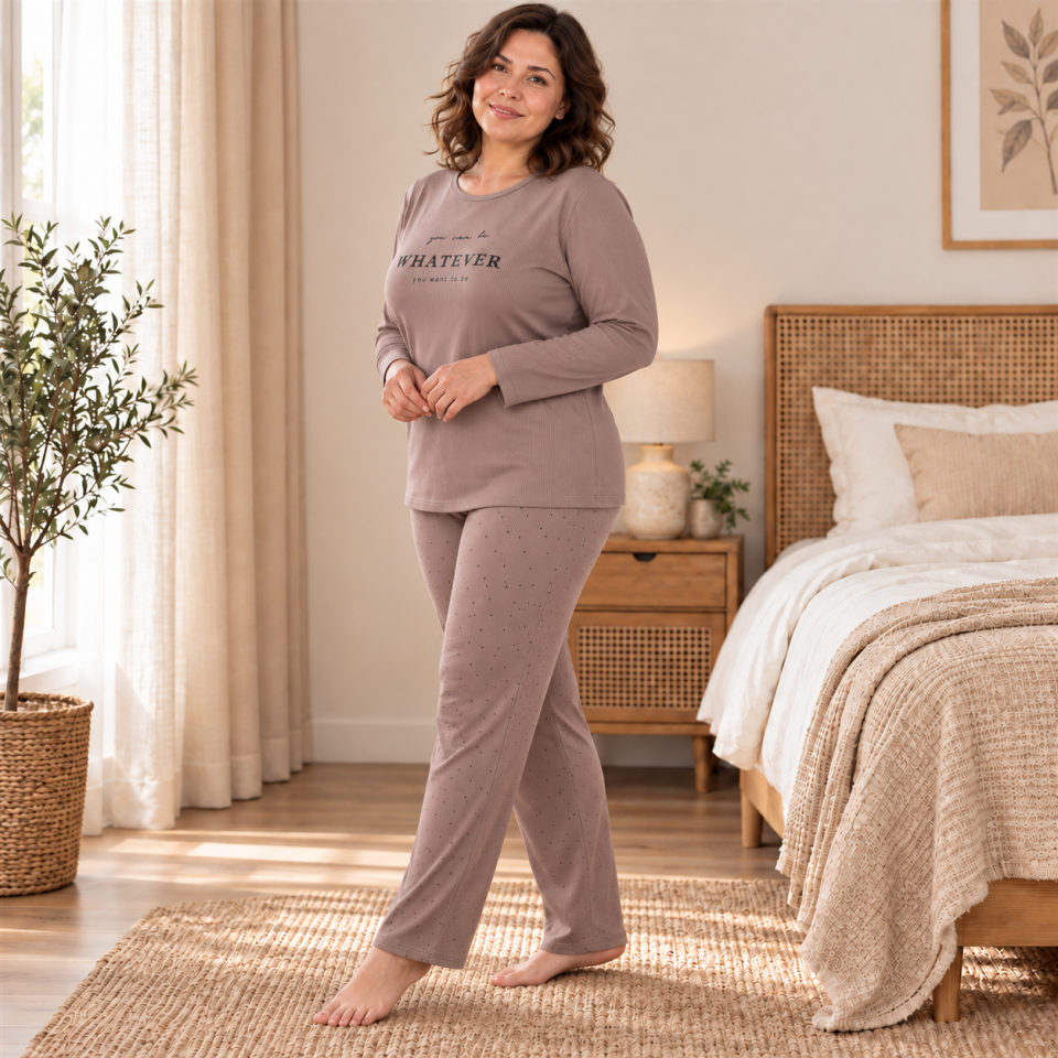 Mink Whatever Ribana Büyük Beden Pijama Takımı – Uzun Kollu