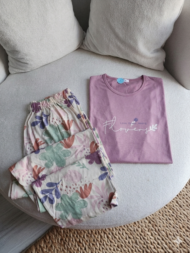 Mauve Petal Garden Penye Büyük Beden Pijama Takımı - Kısa Kollu