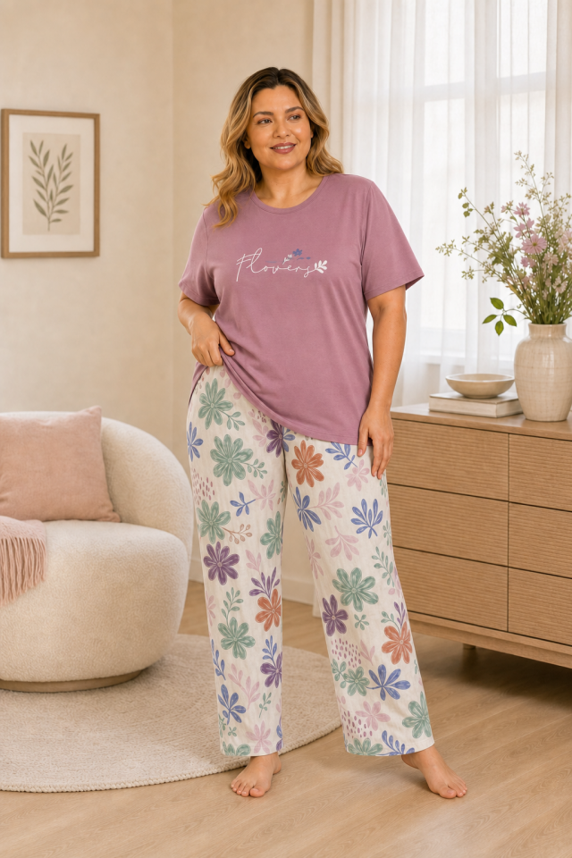 Mauve Petal Garden Penye Büyük Beden Pijama Takımı - Kısa Kollu