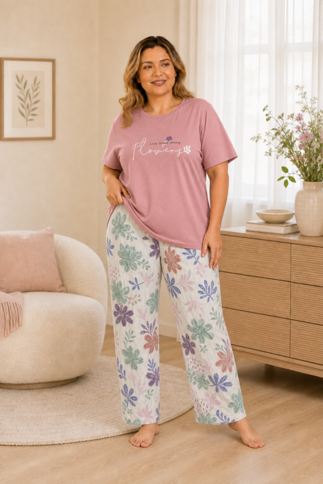 Rose Petal Garden Penye Büyük Beden Pijama Takımı - Kısa Kollu