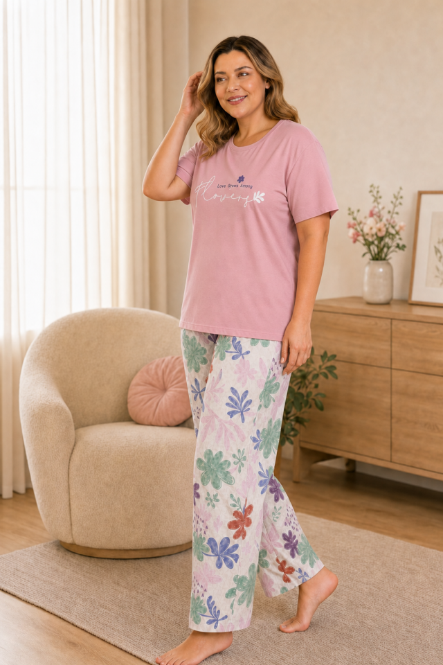 Rose Petal Garden Penye Büyük Beden Pijama Takımı - Kısa Kollu