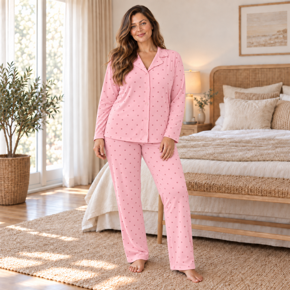 Pink Polka Süet Büyük Beden Pijama Takımı – Uzun Kollu