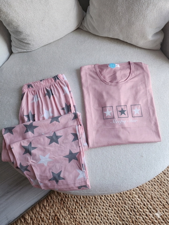 Sleepy Star Pink Penye Büyük Beden Pijama Takımı - Kısa Kollu
