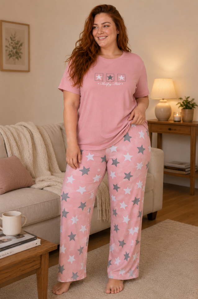 Sleepy Star Pink Penye Büyük Beden Pijama Takımı - Kısa Kollu