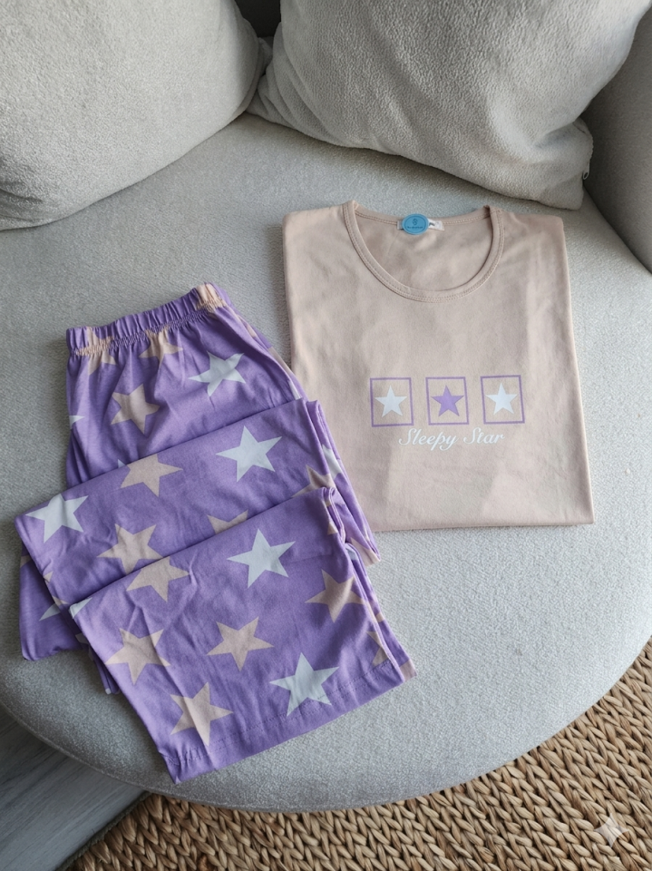 Sleepy Star Beige Penye Büyük Beden Pijama Takımı - Kısa Kollu