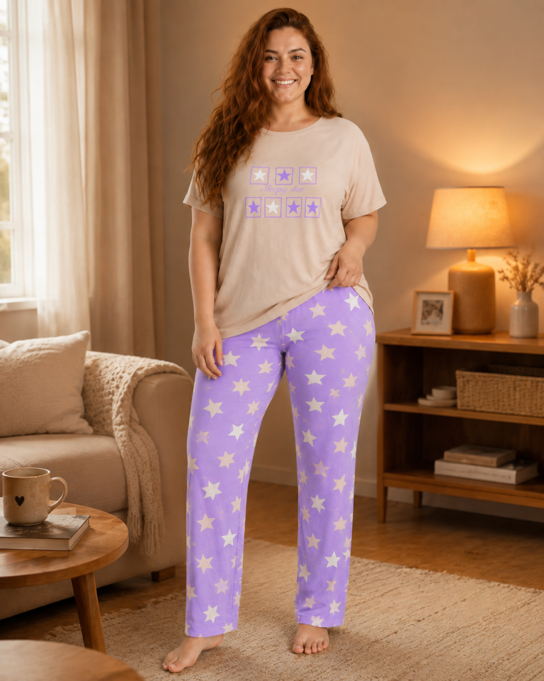 Sleepy Star Beige Penye Büyük Beden Pijama Takımı - Kısa Kollu