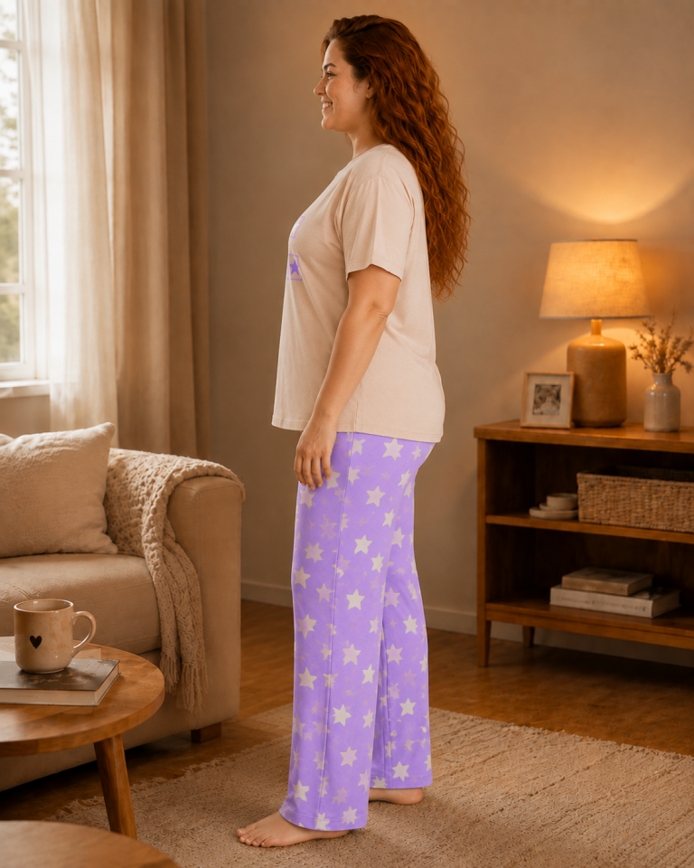 Sleepy Star Beige Penye Büyük Beden Pijama Takımı - Kısa Kollu
