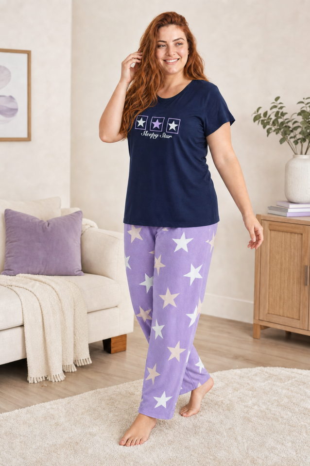 Sleepy Star Navy Penye Büyük Beden Pijama Takımı - Kısa Kollu