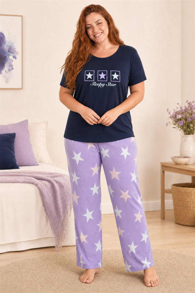Sleepy Star Navy Penye Büyük Beden Pijama Takımı - Kısa Kollu