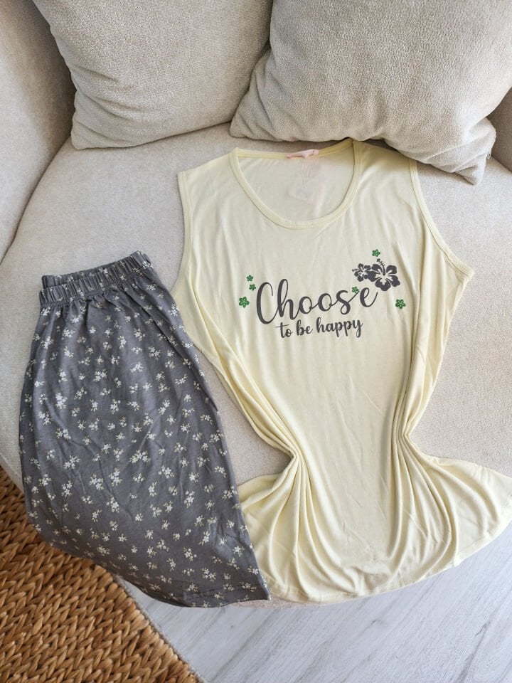 Grey Ditsy Penye Büyük Beden Pijama Takımı - Şortlu