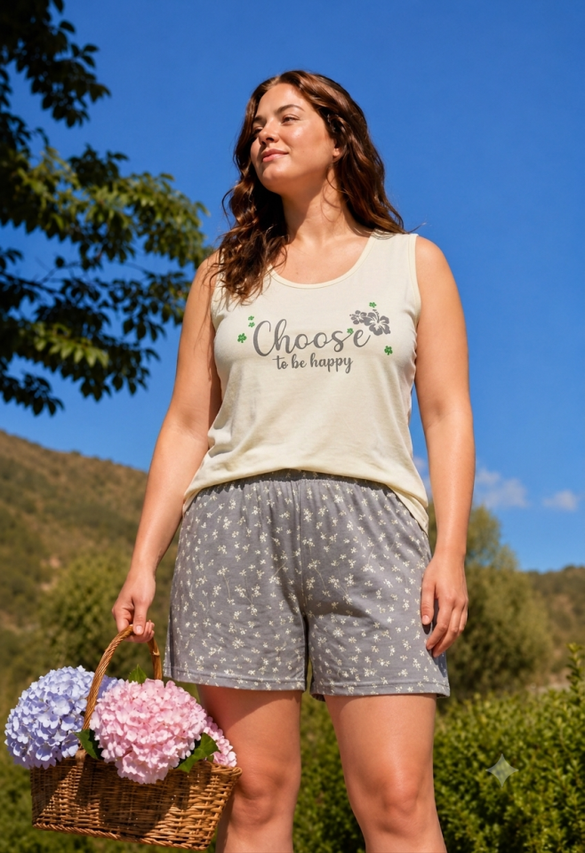 Grey Ditsy Penye Büyük Beden Pijama Takımı - Şortlu
