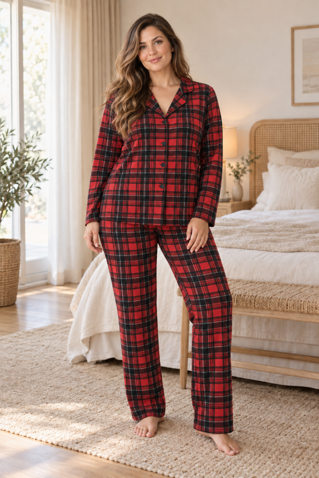 Red Tartan Süet Büyük Beden Pijama Takımı – Uzun Kollu