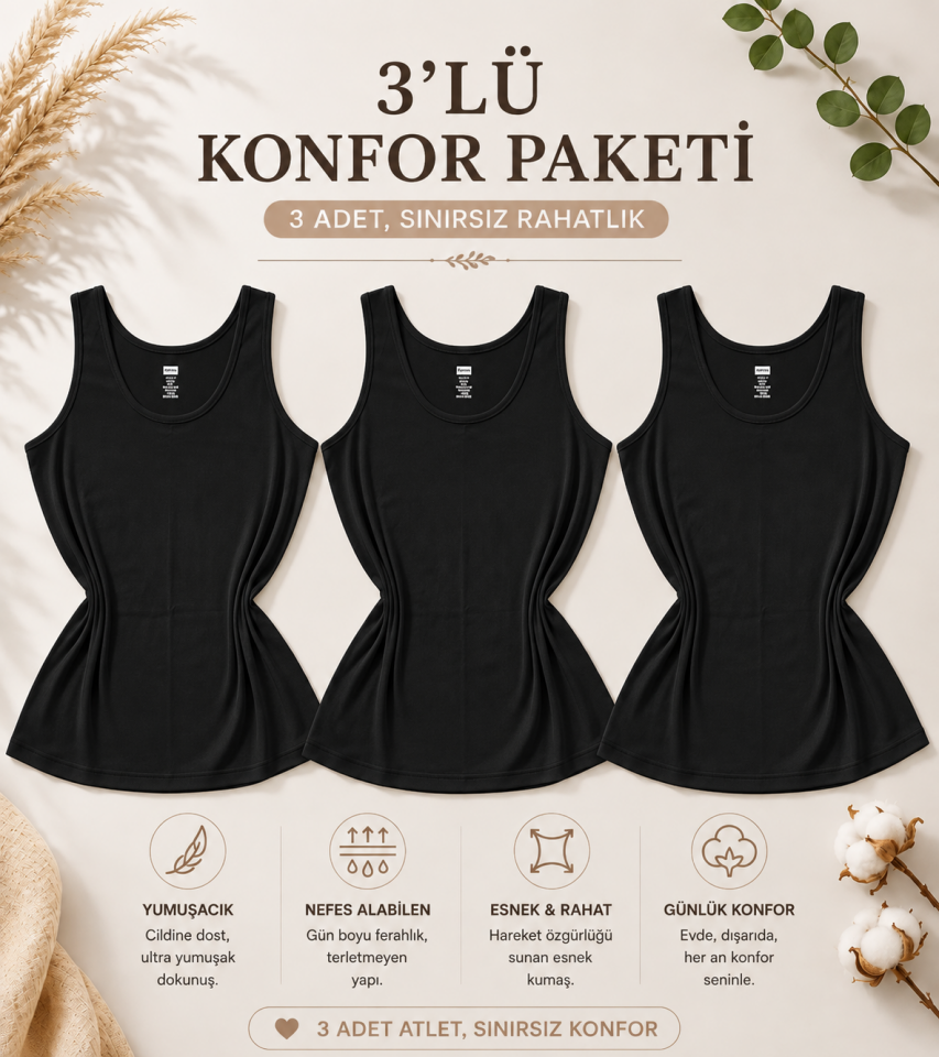 3'lü Konfor Paketi Siyah Aura Geniş Askılı Pamuk Büyük Beden Atlet(
