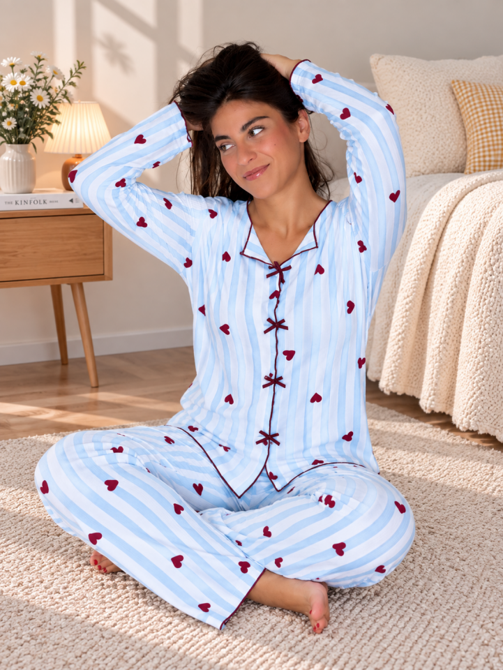 Blue Burgundy Hearts Waffle Pijama Takımı – Uzun Kollu