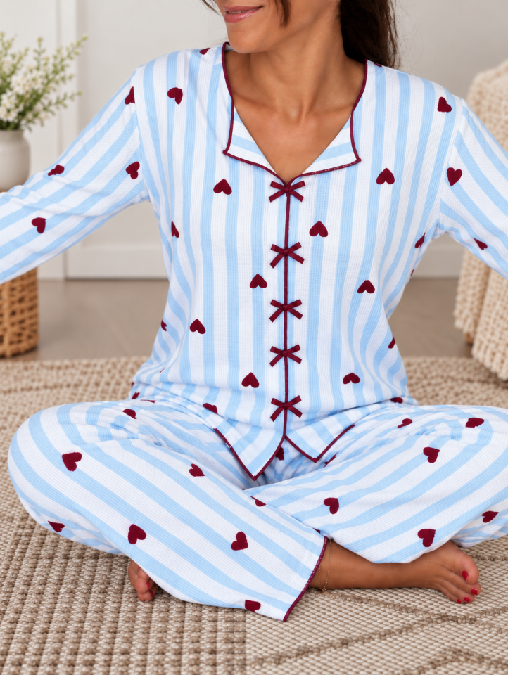 Blue Burgundy Hearts Waffle Pijama Takımı – Uzun Kollu
