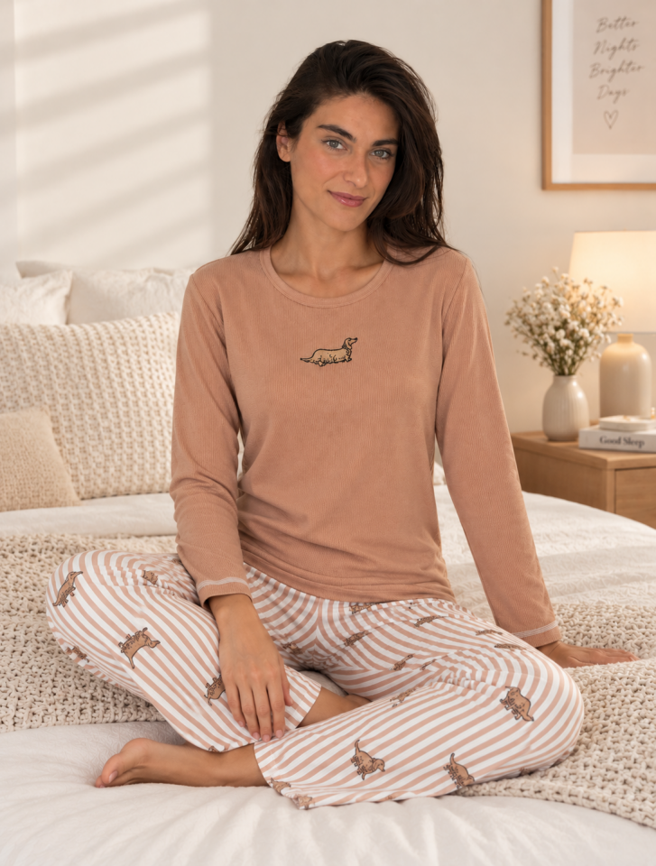 Mocha Puppy Waffle Pijama Takımı – Uzun Kollu