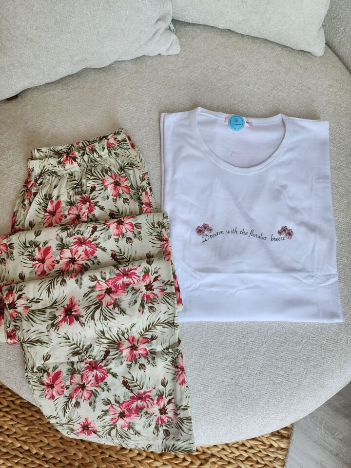 White Oasis Penye Büyük Beden Pijama Takımı - Kısa Kollu
