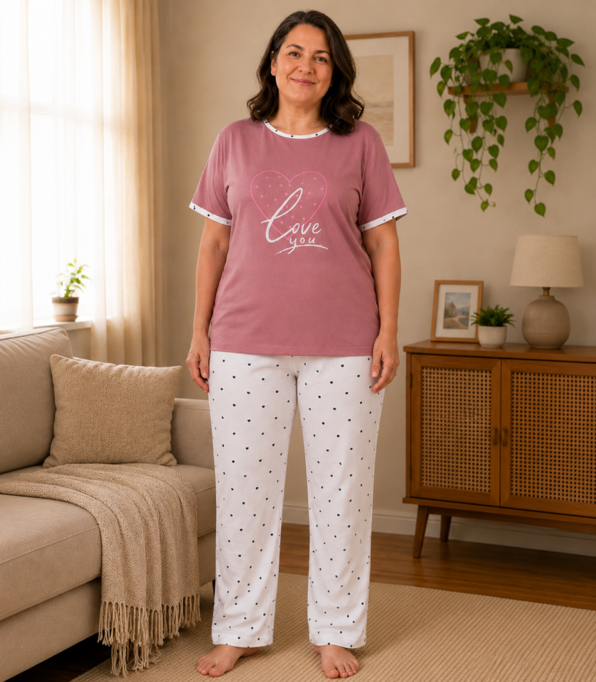 Powder Amour Penye Büyük Beden Pijama Takımı-Kısa Kollu