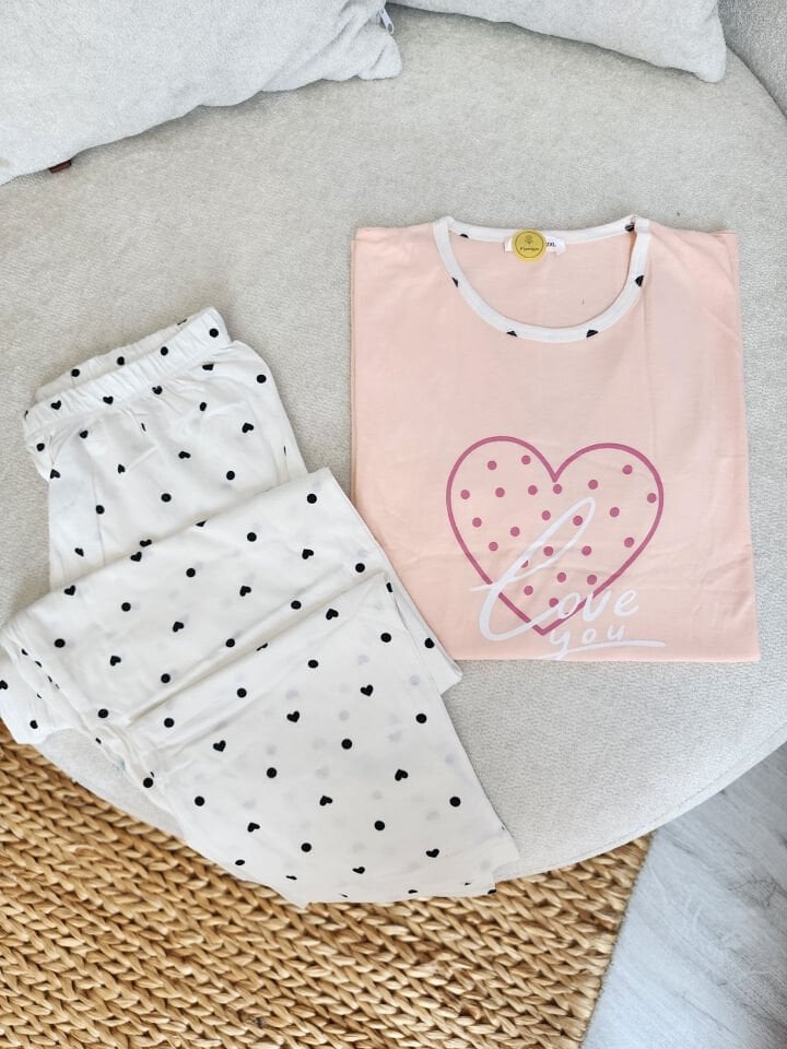 Salmon Amour Penye Büyük Beden Pijama Takımı-Kısa Kollu