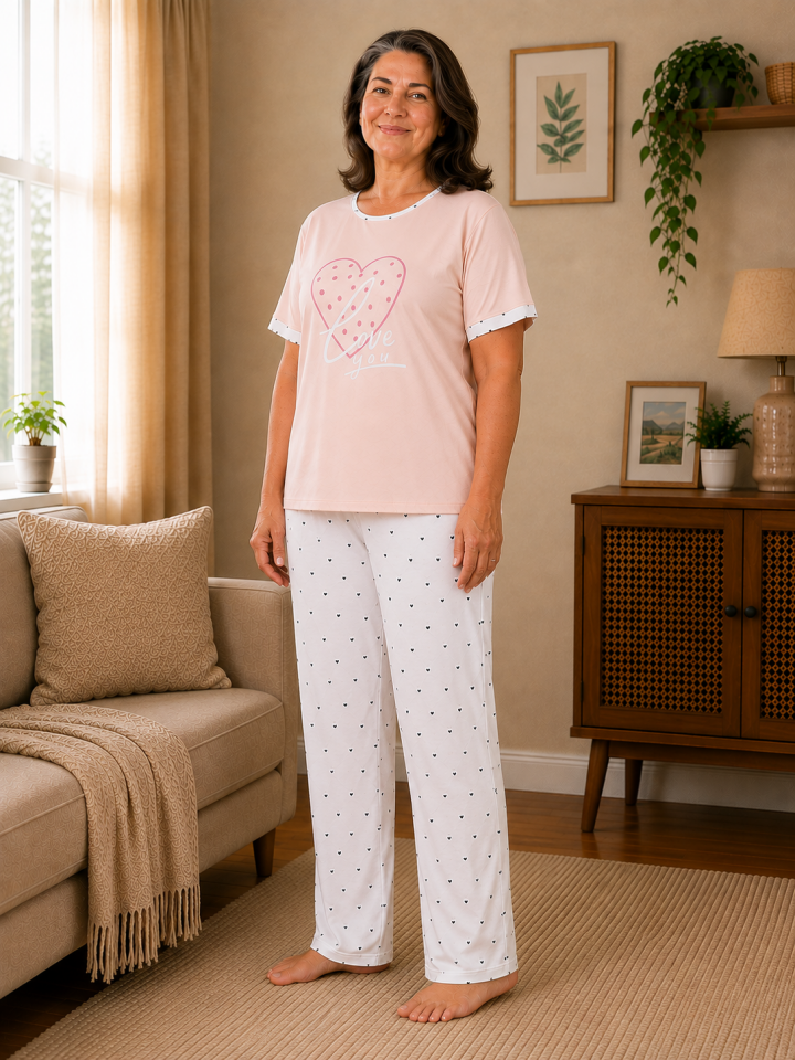 Salmon Amour Penye Büyük Beden Pijama Takımı-Kısa Kollu