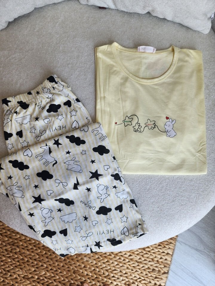 Cloud Nine Penye Büyük Beden Pijama Takımı-Kapri Kısa Kollu