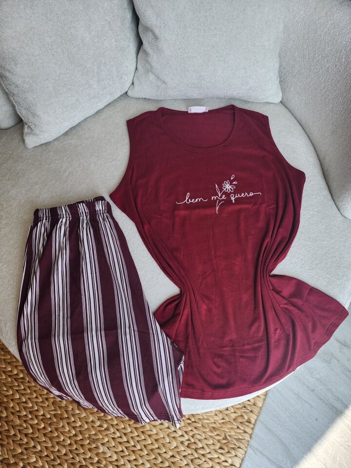 Burgundy Bloom Penye Büyük Beden Pijama Takımı - Şortlu