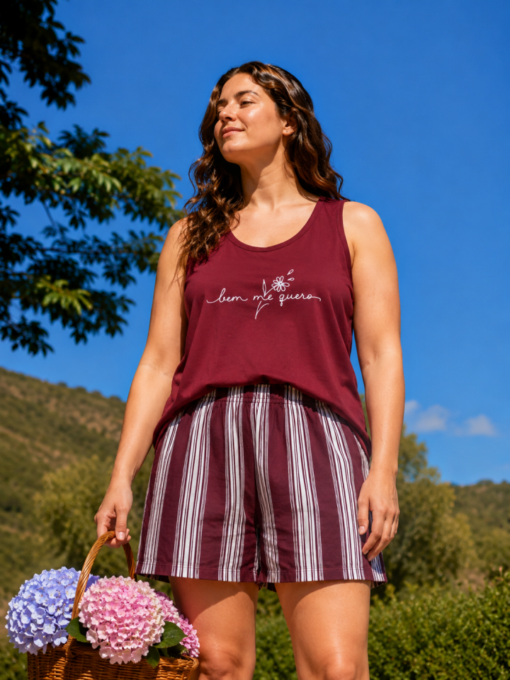 Burgundy Bloom Penye Büyük Beden Pijama Takımı - Şortlu