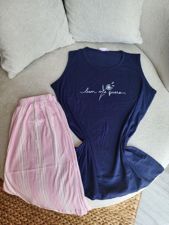 Navy Bloom Penye Büyük Beden Pijama Takımı - Şortlu