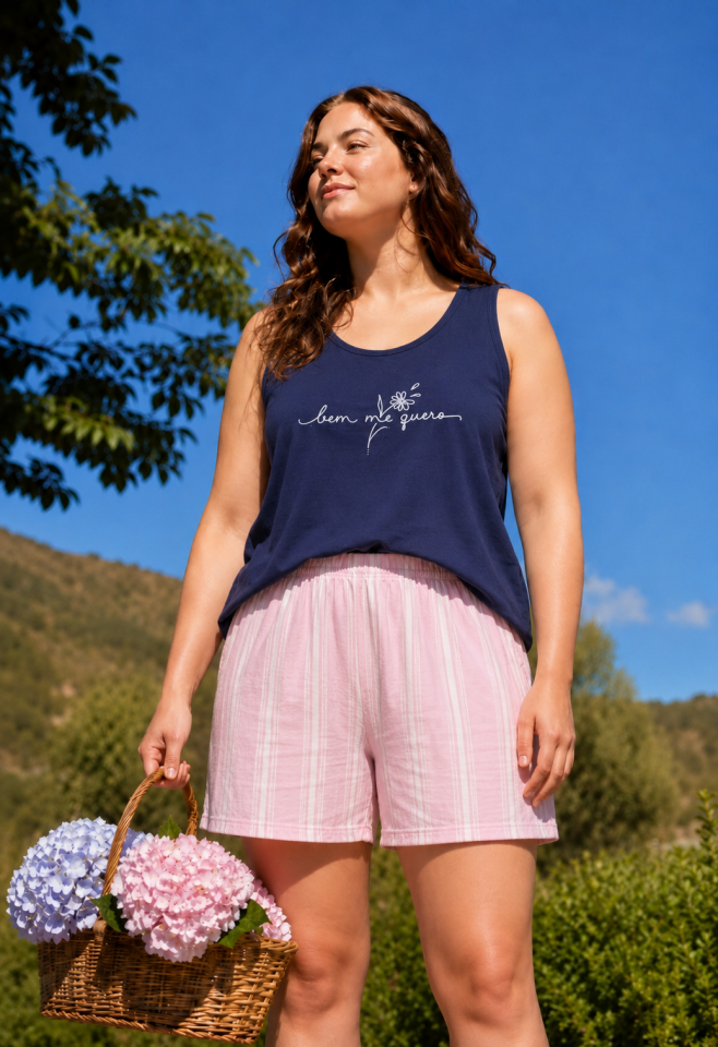 Navy Bloom Penye Büyük Beden Pijama Takımı - Şortlu