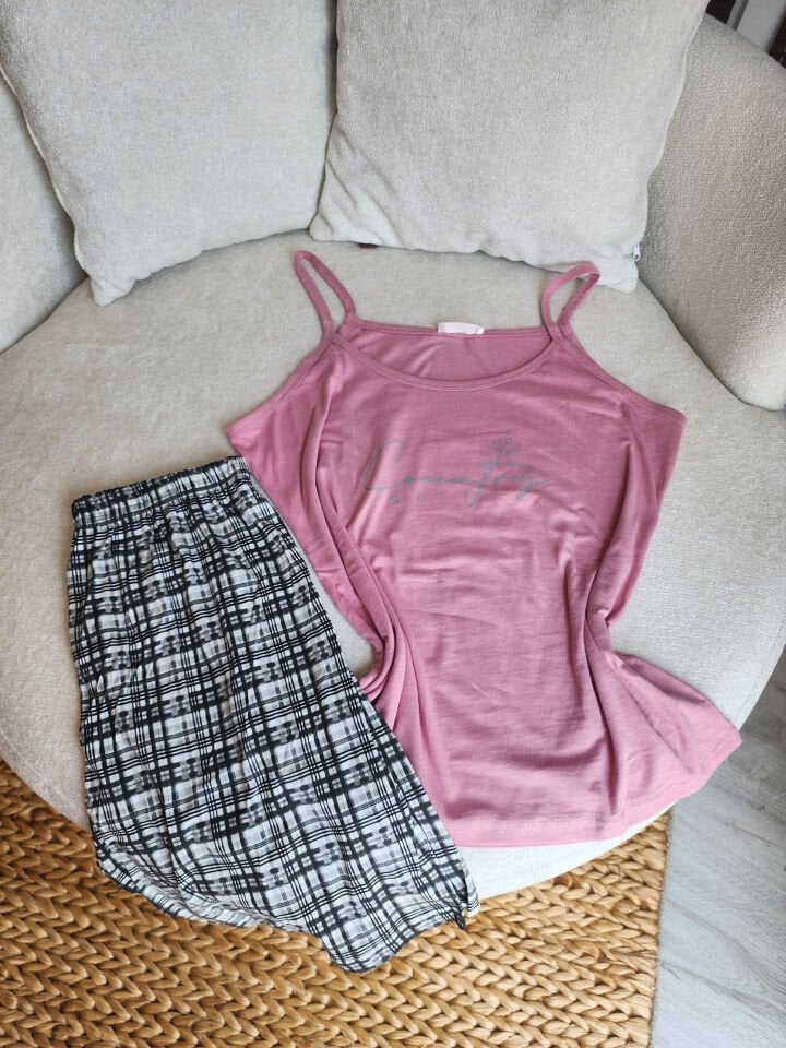 Rustik Bliss Penye Büyük Beden Pijama Takımı - Şortlu-Askılı